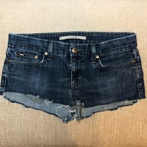 Dark Blue Frayed Jean Short Shorts Low-Mid Rise Cutoffs Denim Belt Loops W 28